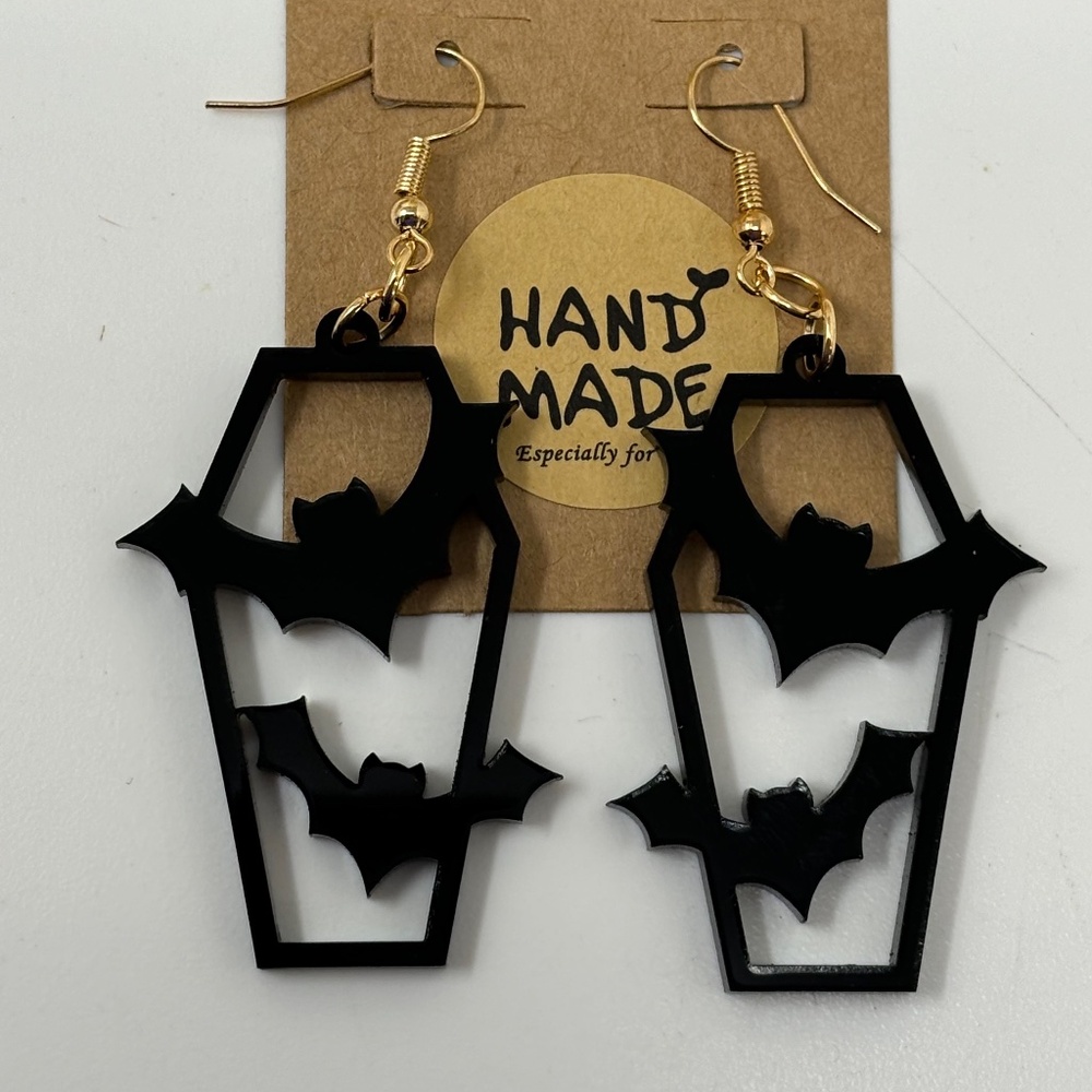 Handmade Dangle Earrings Black Acrylic Coffins Bats Gold Tone Hooks Halloween